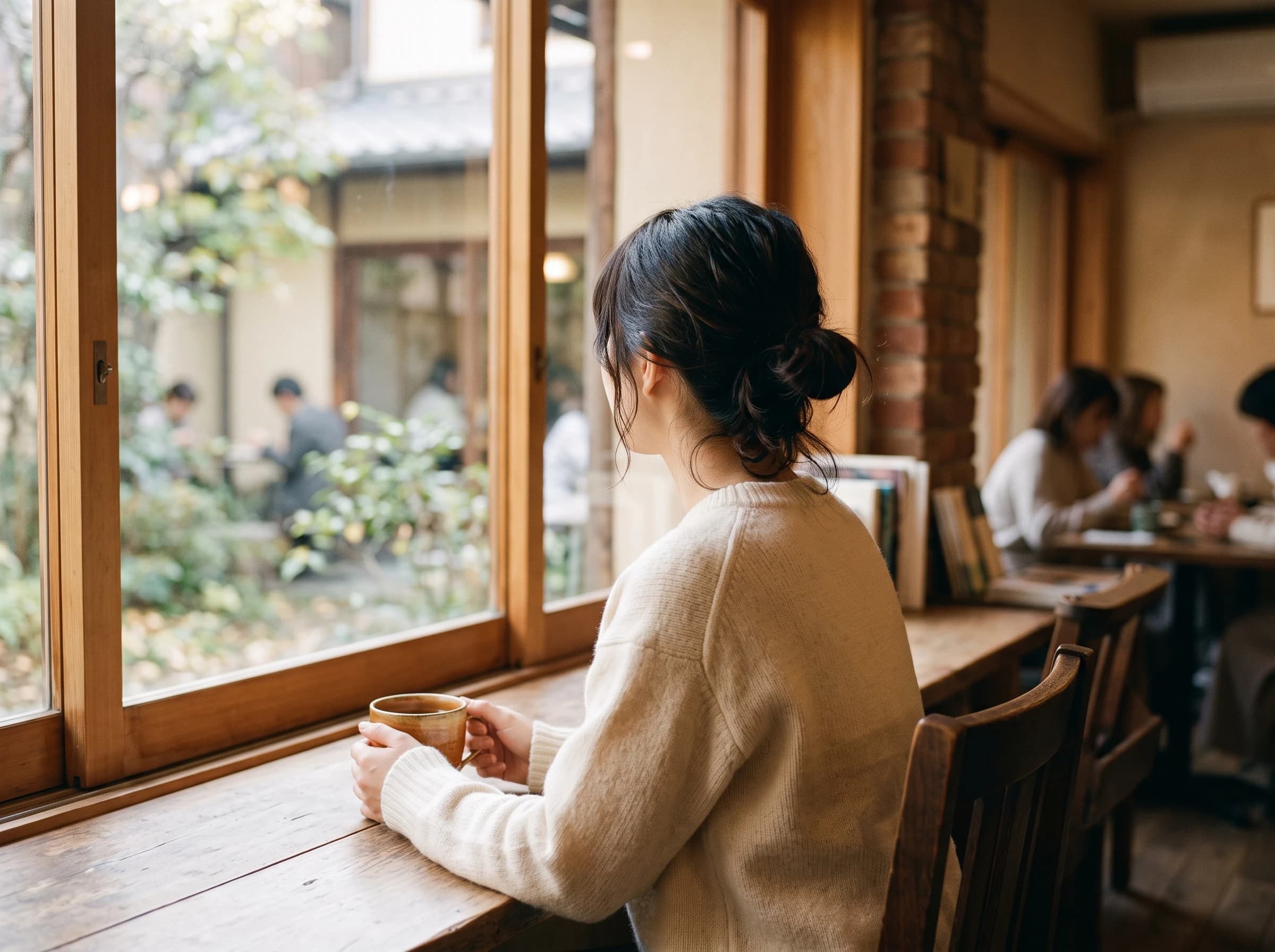 窓辺のカフェで温かいカップを手に佇む女性の後ろ姿