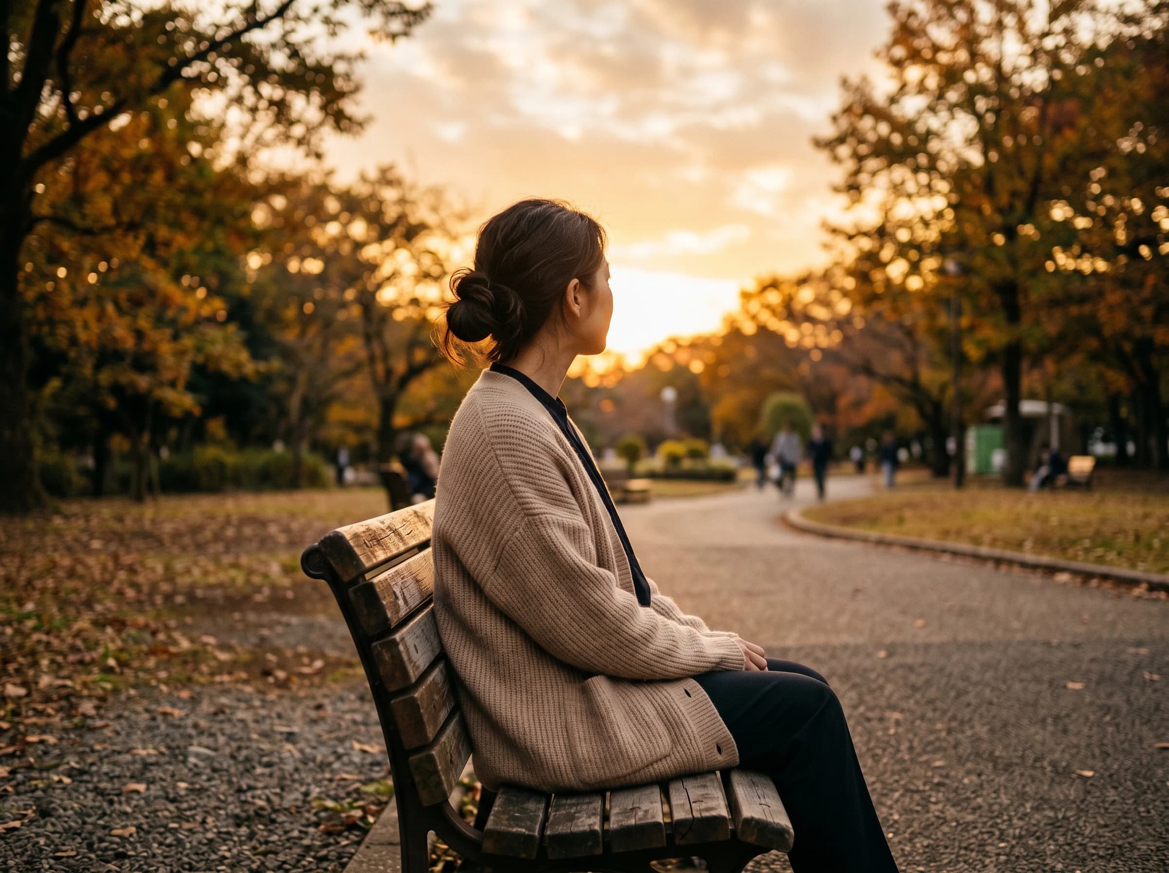夕暮れの公園、ベンチに座る主婦の後ろ姿